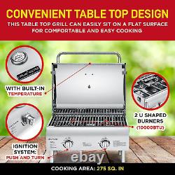Portable Stainless Steel Gas Grill 2 Burners Easy Clean Tabletop BBQ Propane G