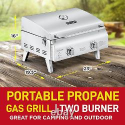 Grill à gaz portable en acier inoxydable avec 2 brûleurs, facile à nettoyer, barbecue de table au propane.